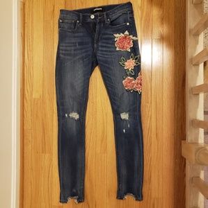 Express sequin embellished distressed skinny jeans